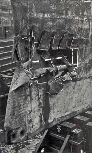 Damage to HMS Gambia's bows after the collision with HMS Phoebe