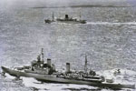 HMS Ceylon escorting the Royal Yacht Gothic to Colombo in April 1954