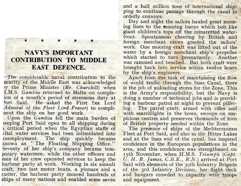 A newspaper cutting of the time detailing the work of HMS Gambia in June 1952.