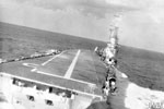 A view of HMS Centaur from a landing Sea Hawk fighter. The plane was piloted by Lt. M. D. Bristow in January 1957. Imperial War Museum A 33681
