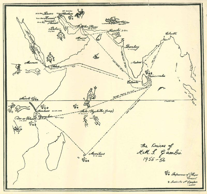 Map of HMS Gambia's 1956/6 Commission