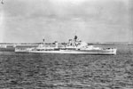 HMS Gambia arriving at Spithead on June 8, 1953 for the Coronation Naval Review. She is wearing the flag of Rear Admiral C F W Norris, DSO, Flag Officer Flotillas, Mediterranean. Imperial War Museum A 32571
