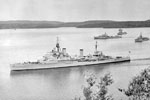 Ships of the Royal Navy, Pakistan Navy, Royal Ceylon Navy and Indian Navy assembled at Trincomalee. HMS Gambia is in the foreground. They were gathered for Commonwealth naval exercises in the Indian Ocean, August 1955. Imperial War Museum A 33347