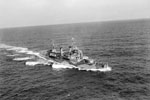 HMS Gambia underway at sea. It is thought this was taken in August 1942, during speed trials when HMS Gambia was at 16 knots. Photo: Lt. H.A. Mason. Imperial War Museum A 12929