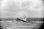 HMS Newcastle on Madagascar operations. The covering force left Colombo on April 24, 1942, put into the Seychelles on May 1. The fleet air arm carried out extensive searches and patrols over a wide area during the operation. The covering force then put into Mombasa on May 10 after the operation was concluded. Photo: Lt. D. C. Ouids. Imperial War Museums A 9063