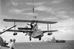 A Supermarine Walrus amphibious aircraft being hoisted on board HMS Warspite after a sweep in the Indian Ocean. One of the aircraft's crew is standing on the top wing. An Illustrious class aircraft carrier can be seen moored in the background. Alongside her is another vessel, possibly a hospital ship, and HMS Ludlow. A cruiser is moored aft of these vessels and a motor cutter is making its way from this group of ships towards the camera. Photo: Lt. D. C. Ouids. Imperial War Museums A 10648