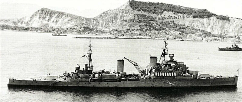 Relief: HMS Bermuda at Zakynthos (Zante) where she arrived on August 15, 1953 to take over earthquake relief work from her sister ship HMS Gambia