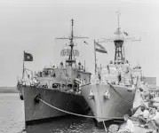 I am not certain which ships they are, but I think the one on the left is the Portuguese NRP Nuno Tristão and the one on the right one of the South African Loch-class frigates