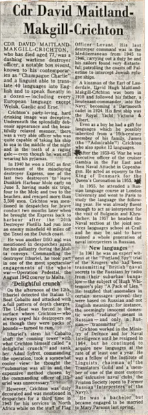 David Hugh Maitland-Makgill-Crichton's obituary